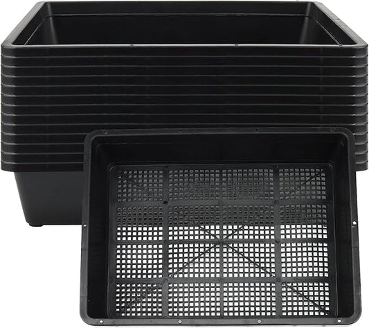14 Pack 15 x 12 Inch Seed Starter Trays, Plastic Garden Mesh Bottom Plant Germination Trays, Black Growing Tray for Seedling, Microgreen, Soil Blocks, Wheatgrass, Hydroponic and Fodder Systems