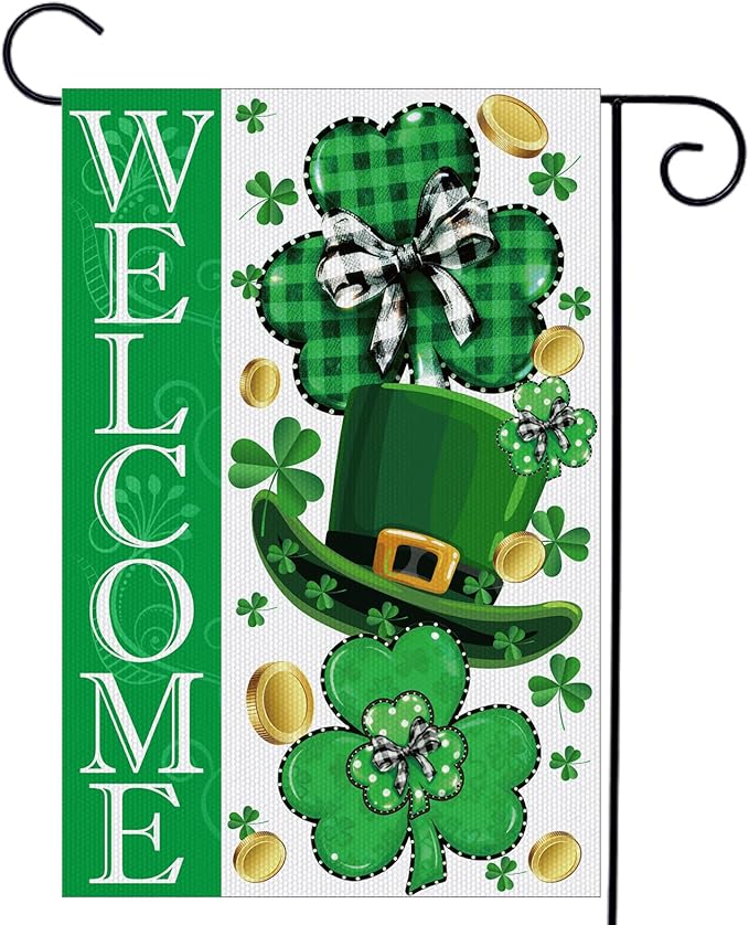St Patrick's Day Garden Flag, 12x18 Inch Green Lucky Clovers Double Sided Flag for Courtyard Decoration, St Patrick's Day Welcome Outside Banner for Home Holiday Party Decoration
