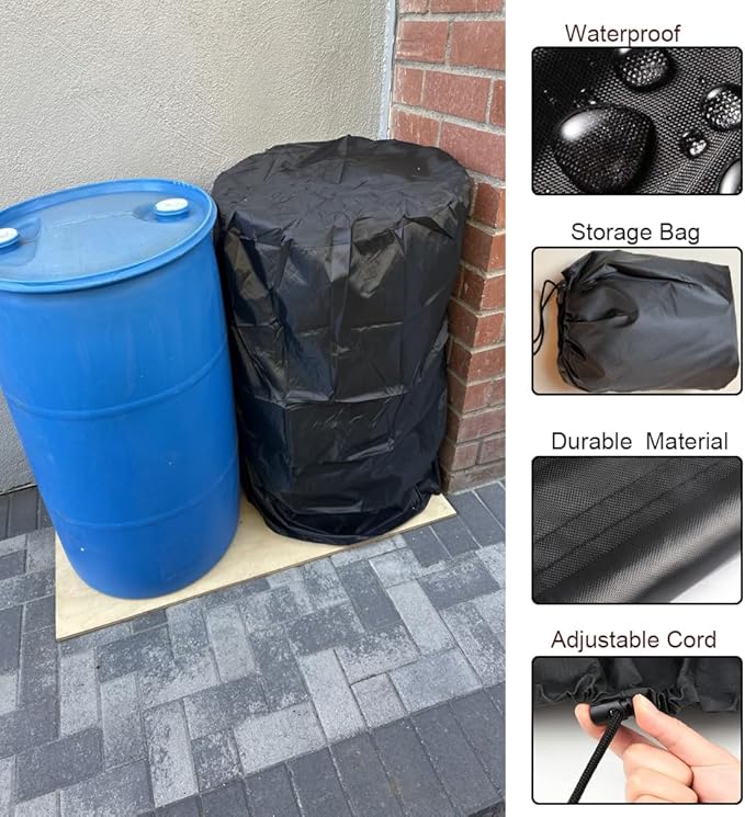55 Gallon Drum Cover 25x37in Waterproof Storage Barrel Universal Rain Barrels Cover UV Full Protection for Patio Lawn Garden Rain Barrels Accessories (Black)