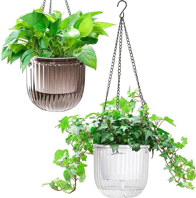 Melphoe 2 Pack Self Watering Hanging Planters Indoor Flower Pots, 6.5 Inch Outdoor Hanging Plant Pot Basket, Plant Hanger with 3Hooks Drainage Holes for Garden Home (Gray + White)