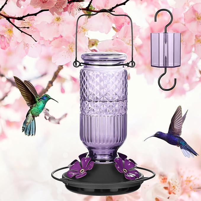 FEED GARDEN Glass Hummingbird Feeder for Outdoors Hanging, 16 OZ Humming Bird Feeders with 4 Bee Guard Feeding Ports&Built-in Ant Moat, Hummingbird Gifts for Mom Bird Feeder for Outside, Purple,2 Pack