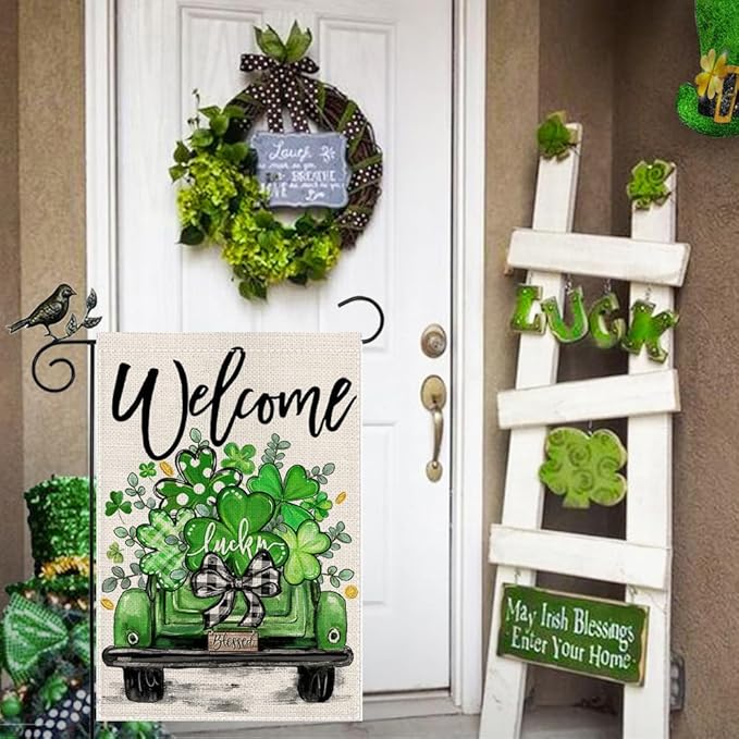 GEEORY St Patricks Day Shamrocks Truck Garden Flag 12 x 18 Inch, Green Lucky Clovers Double Sided Decorative Flag For Outside Yard Lawn Outdoor Decoration GB090-12