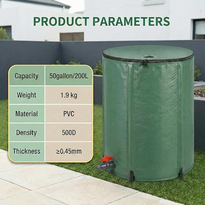 50 Gallon Collapsible Rain Barrel, Foldable 500D PVC Rainwater Collection Barrel with Spigot, Top Mesh and Overflow Valve, Portable Water Storage Tank for Gutter Downspout, Garden Watering