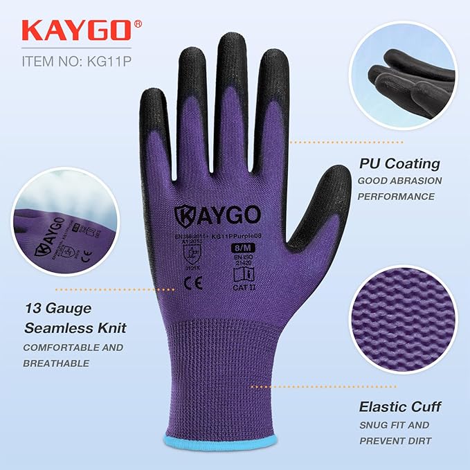 KAYGO Work Gloves for Men and Women,12 Pairs Seamless Knit PU Coated Safety Gloves, with Smooth Grip on Palm and Fingers, Ideal for Light Warehouse, Manufacturing, Gardening, KG11P (XL, Purple)