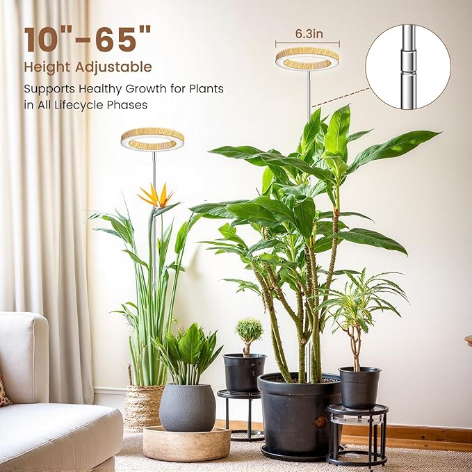 Grow Lights for Indoor Plants, Full Spectrum Plant Lights for Indoor Growing with 6/12/16H Timer, 3 Optional Spectrums, 5 Brightness, Height Adjustable 10"-65" Wood Grain Growing Lamp