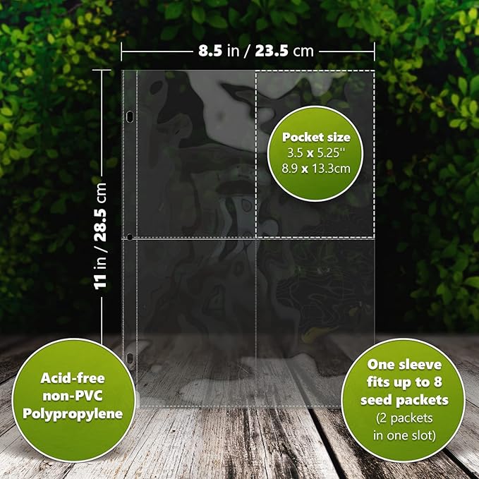 200 Pockets Seed Storage Organizer Sleeves (25 Pack) Slot Size 3.5x5, 4 Pocket Garden Seed Organizer, Clear Sleeves for Seed Packet Storage, Seed Keeper, Seed Organizer Binder