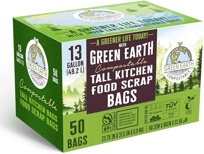 Green Earth Compostable Tall Kitchen Food Scrap Trash Bags, Compost Bin Compatible, 13 Gallon, 49 Liter, 100-Count, Superior Strength 0.9 Mil, ASTM D6400, BPI (US) & OK Compost Home (EU) Certified