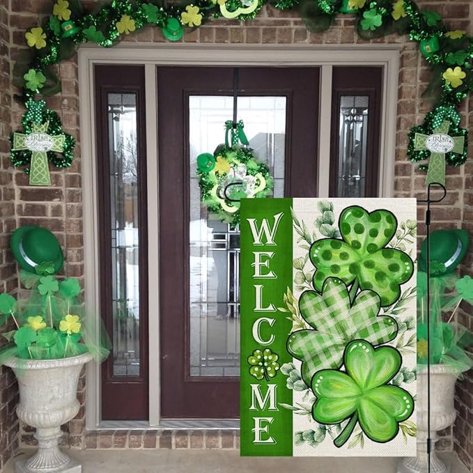 CROWNED BEAUTY St Patricks Day Shamrocks Garden Flag 12x18 Inch Double Sided for Outside Small Welcome Green Clovers Burlap Holiday Yard Flag