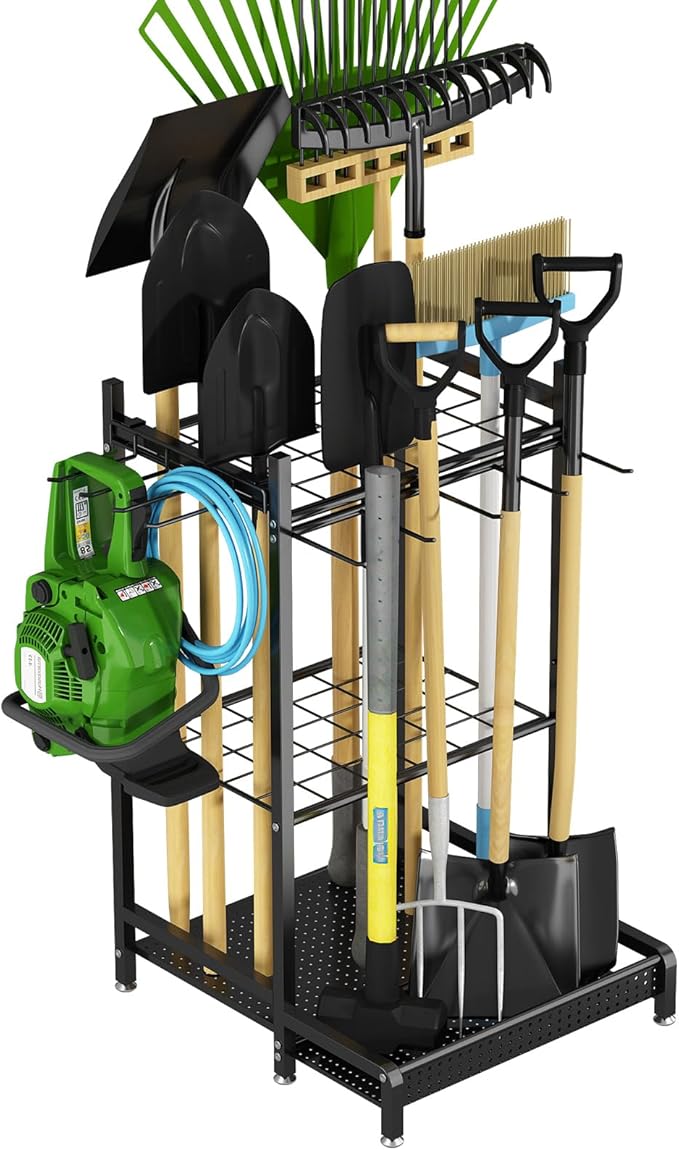 GILLAS Garden Tool Organizer for Garage, Utility Storage Racks with Hooks, Metal Yard Tool Stand Holder Organizer for Long-Handled, Broom, Shovel, Rake, Sturdy Heavy Rack for Outdoor, Yard, Black