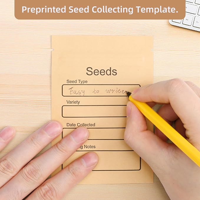 100 Pack Small Resealable Seed Envelopes with Clear Window, 3.15 x 4.72 Inch Brown Kraft Paper Seed Packets Envelopes with Preprinted Seed Collecting Template for Seed Storage, Seed Organizer