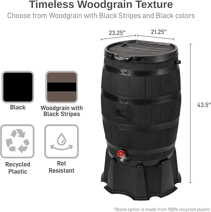 RTS Home Accents Premium 55-Gallon Eco Rain Barrel with Removable Lid, Flat Back Rain Water Collection Barrel, Made with 100% Recycled Plastic, Stand Included, Black