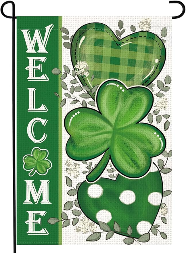 LosFong Welcome St Patricks Day Garden Flag 12x18 Inch Double Sided Lucky Clovers Shamrocks Small Yard Flag for Outside Decoration