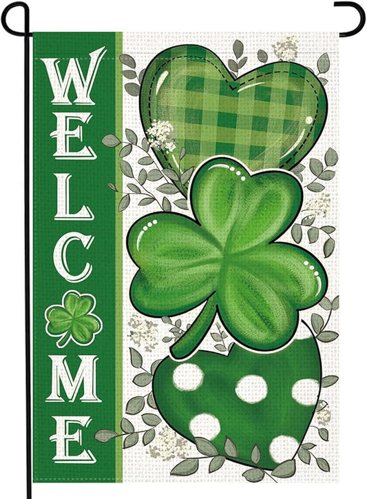 LosFong Welcome St Patricks Day Garden Flag 12x18 Inch Double Sided Lucky Clovers Shamrocks Small Yard Flag for Outside Decoration