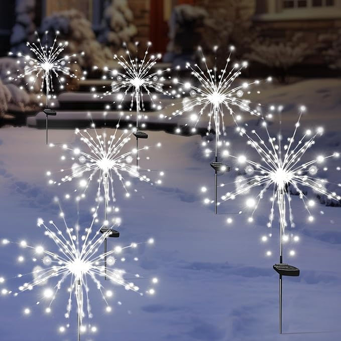 Solar Garden Firework Lights Outdoor Waterproof, 6 Pack Solar Powered Art Stake Twinkle Lighting for Outside Decor, 120 LED Sparklers String Lights for Yard Pathway Decorations(White)