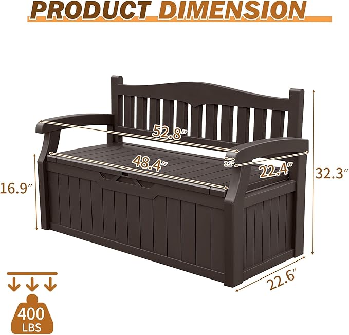 Devoko 80 Gallon Storage Bench Deck Box Lockable for Patio Furniture, Garden Decor and Outdoor Seating for Cushions, Garden Tools and Pool Supplies(Dark Brown)