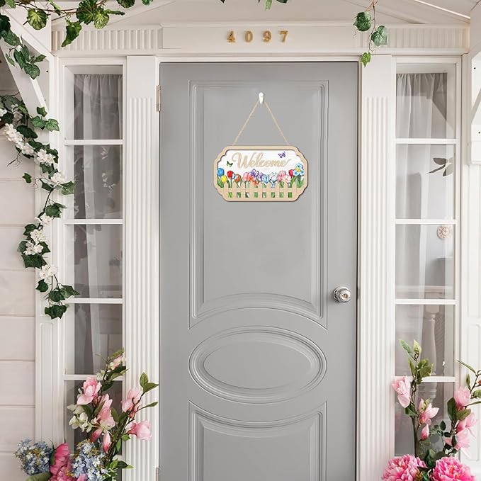 HOURIA 3D Welcome Front Door Sign (11.4”x7”),Floral Butterfly Garden Sign,Colorful Tulip Flower Wreath Sign,Spring Summer Decorations for Home Office Indoor Outdoor