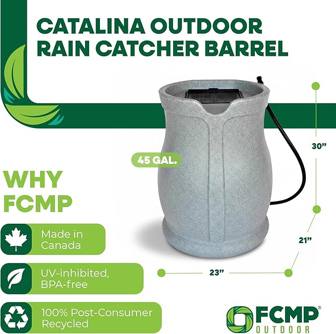 FCMP Outdoor Catalina 45-Gallon Rain Barrel – BPA-Free Flat-Back Design with 3.5 Foot Garden Hose, Shut-Off Thumb Valve, and Fixed Lid (RB-CAT-LTGRNT) Light Granite