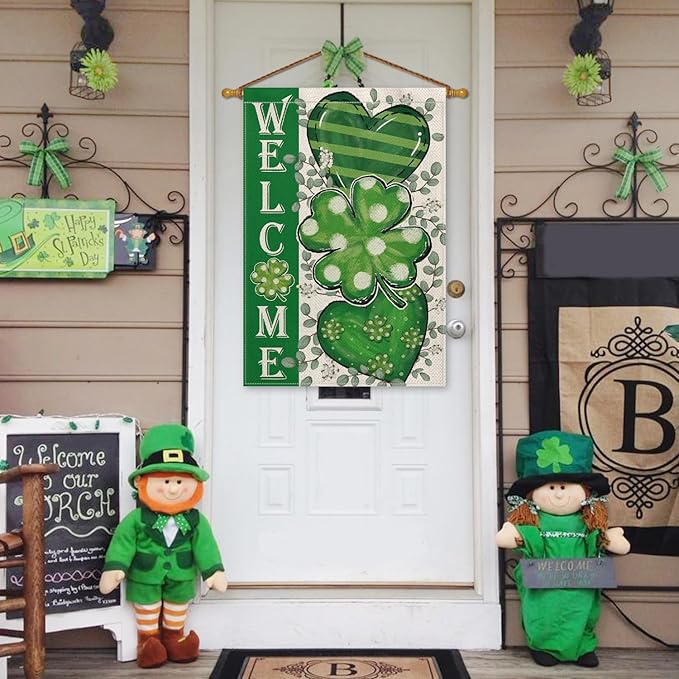 AVOIN colorlife St Patricks Day House Flag 28x40 Inch Double Sided Outside, Shamrocks Clovers Hearts Welcome Yard Outdoor Decoration