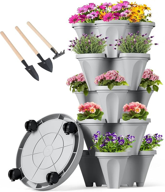 GameXcel Vertical Planter 5 Tier Stackable Planters Garden Planters Strawberry Herb Flower and Vegetable Planter Indoor Outdoor Gardening Pots with Removable Wheels and Tools