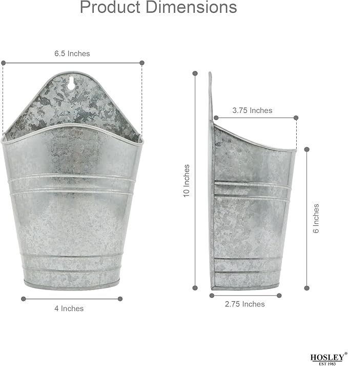Hosley Set of 2 Galvanized Wall Hanging Planter 10 Inch High, Ideal Gift for Floral Arrangement, Wedding, Home Décor, Office Party DIY Indoor Outdoor Garden Patio