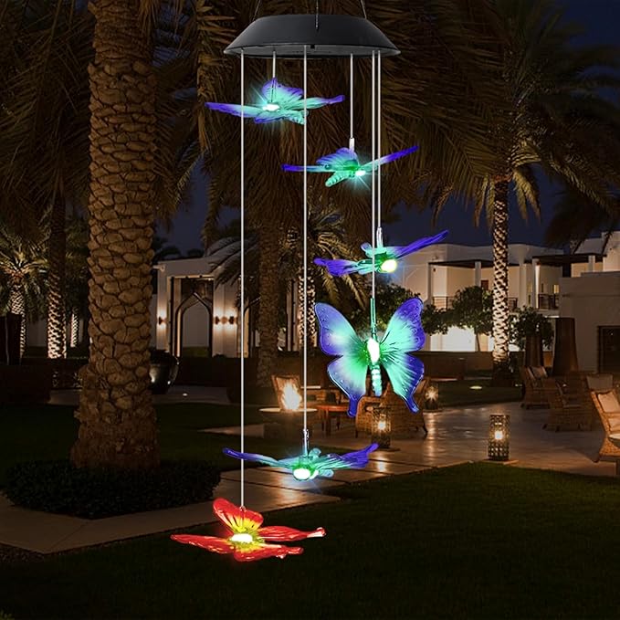 MorTime 25" LED Solar Wind Chime, Color Changing Solar Butterfly Wind Chimes Mobile Hanging Wind Chime for OutsideHome Garden Decoration