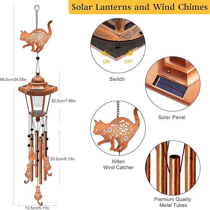 Large Solar Cat Wind Chimes with Wind Catcher/Solar Decor Light to Create a Zen Atmosphere Suitable for Outdoor, Garden, Patio Decor Classic Bronze Wind Chimes as A Sympathy/Memorial Gift for Unisex
