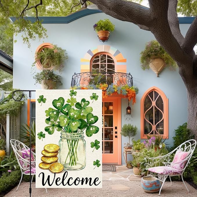 St Patrick's Day Garden Flag 12x18 Inch Double Sided Burlap Flag Welcome Shamrock Mason Jar Gold Coins Outdoor Decor for Yard Patio Irish Festival Decorations