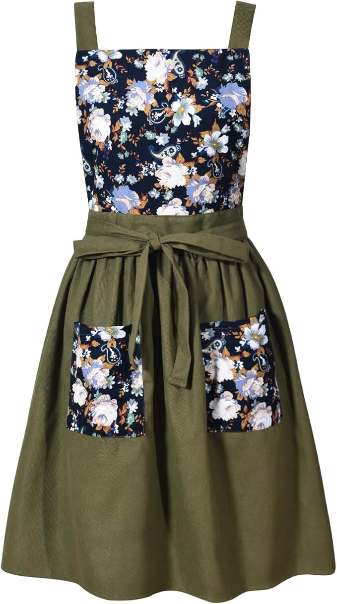 Vintage Pinafore Apron Dress for Women with Pockets Cute Floral Chef Aprons for Kitchen Cooking Baking Gardening