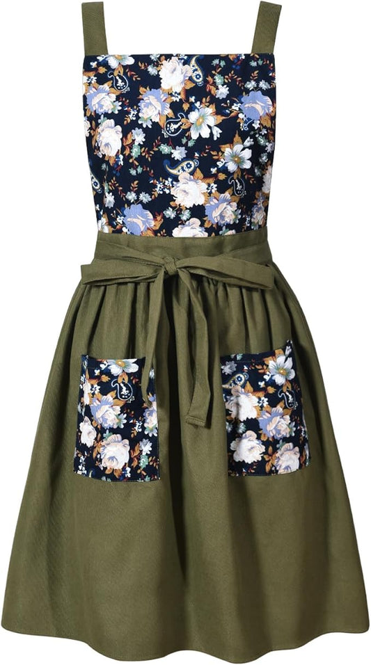 Vintage Pinafore Apron Dress for Women with Pockets Cute Floral Chef Aprons for Kitchen Cooking Baking Gardening