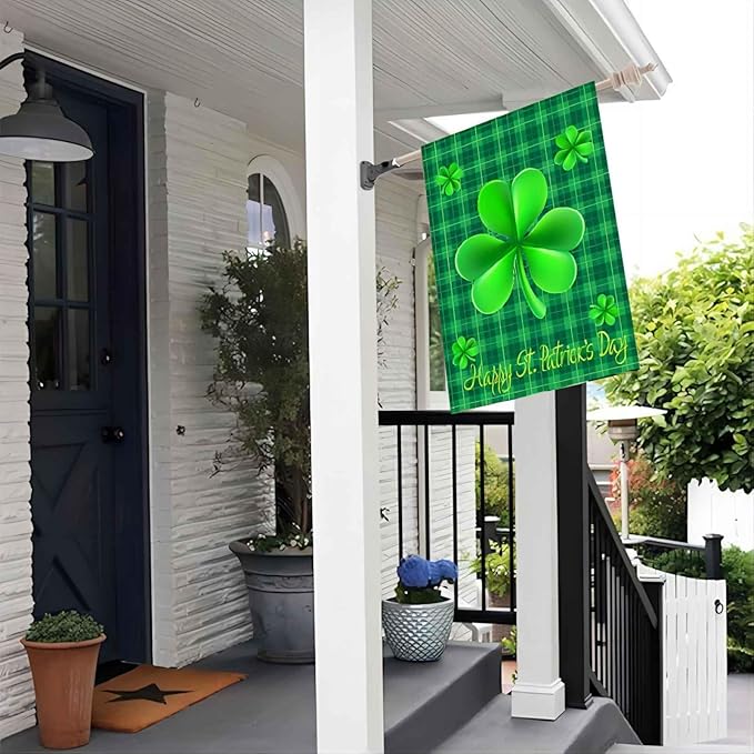 WENWELL St. Patricks Day Garden Flag 28 x 40 Inches Double Sided,Green with Cuff,Happy Saint Patrick's Day Shamrock House Banner for Home,Office,School,Yard,Party Decorations