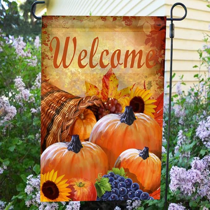 Anley Garden Flag Pumpkin in Cornucopia - Decorative Autumn Welcome Garden Flags - Double Sided & Weather Resistant & Double Stitched - 18 X 12.5 Inches