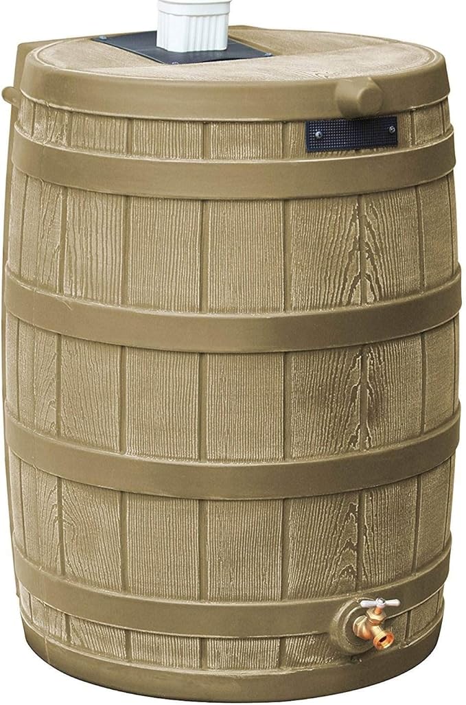 Good Ideas Rain Wizard 50 Gallon Plastic Rain Barrel Water Collector with Brass Spigot, Khaki (2 Pack)