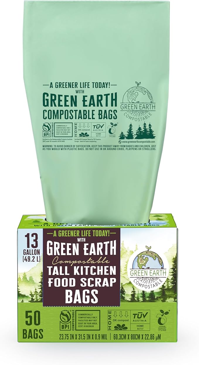 Green Earth Compostable Tall Kitchen Food Scrap Trash Bags, Compost Bin Compatible, 13 Gallon, 49 Liter, 200-Count, Superior Strength 0.9 Mil, ASTM D6400, BPI (US) & OK Compost Home (EU) Certified