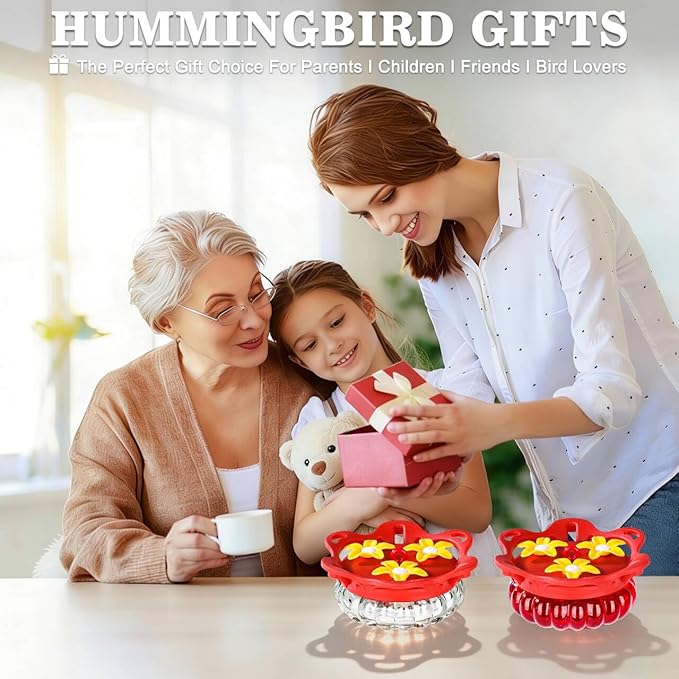Set of 2 Glass Hummingbird Feeders for Outdoors Hanging with 3 Bee Guard Feeding Ports, 3.4OZ Handheld Humming Birds Feeders for Outside, Gifts for Women Mom, Red