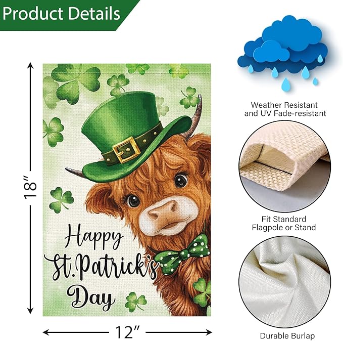 Louise Maelys Happy St Patrick's Day Garden Flag Highland Cow Clover Shamrock 12x18 Inch Double Sided Welcome Small Burlap Saint Patricks Spring Holiday Yard Outdoor Outside House Decor
