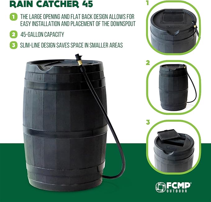 FCMP Outdoor 45 Gallon Heavy Duty Rain Water Catcher Barrel Container with Hose and Debris Screen for Outdoor Plants, Garden, and Landscapes (RC45-GRY) Grey