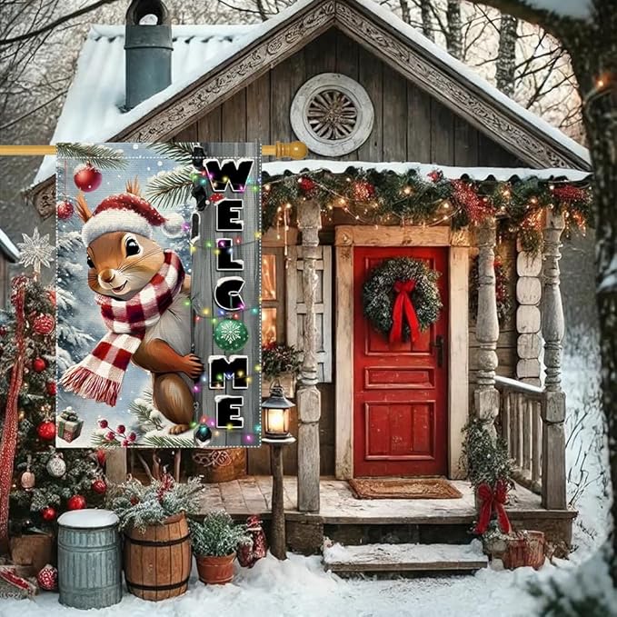 Christmas Garden Flag 28x40 inch The Nut Squirrel Welcome XMAS winter Garden Flags Yard Porch House Flag Double-Side For Home Outdoor Yard Patio Lawn Decor,Happy New Year merry Christmas banners for outside Decorations (RMQ-85, 28"X40")