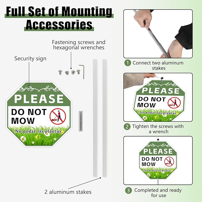 2 Pack 10" x 28" Do Not Mow Yard Signs with Stake and Accessories, Rust Free Aluminum Composite, Bilingual Garden Metal Signs for Outdoor Lawn