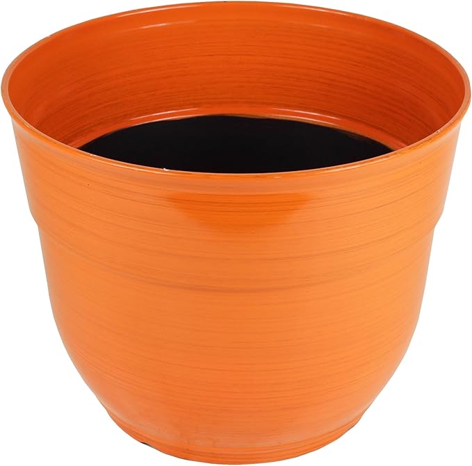 Garden Elements Indoor/Outdoor Glazed Brushed Happy Plastic Planter, Large, Bright Orange, 15"
