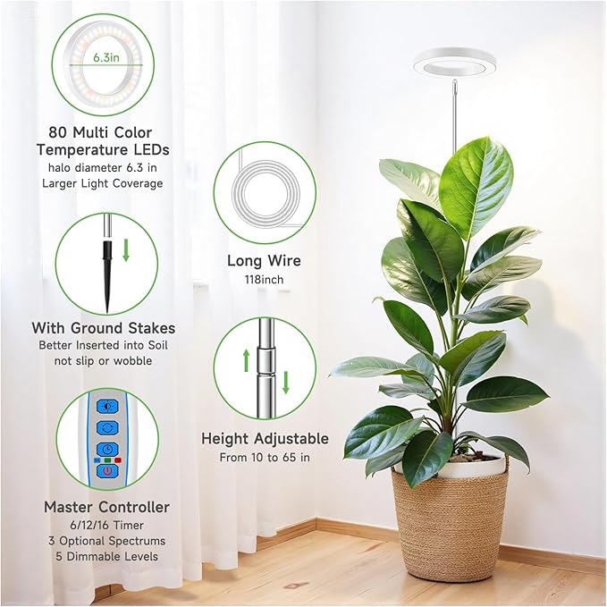 6.3in Grow Light, 80 LED Full Spectrum Halo Plant Lights for Indoor Growing, Height Adjustable 10"-65" Growing Lamp, Auto Timer 6/12/16Hrs, 3 Lighting Modes, Idea for Large Plant, 3 Pack