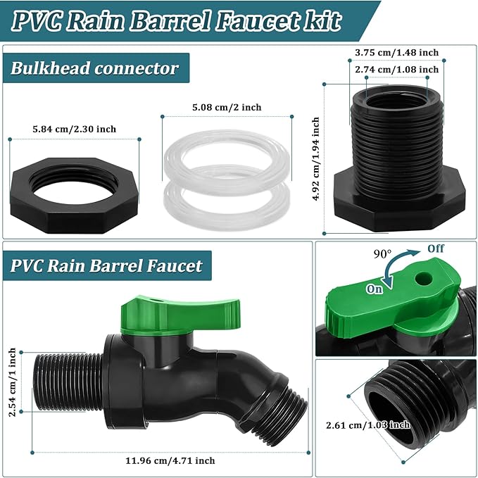 Plastic Rain Barrel Spigot Kit, High Flow Water Barrel Faucet, 3/4 PVC Rain Barrel Valve with Bulkhead Fitting for Outdoor Plastic Bucket Garden Barrels