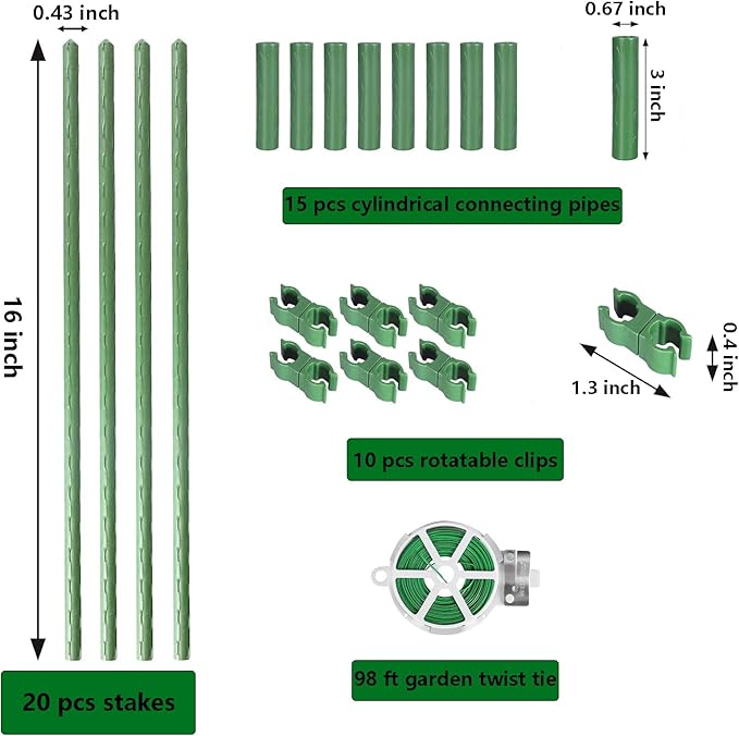 Garden Stakes Kit, 20 Sets 16 inch 0.43" in Diameter Steel Plant Stick Support (with Accessories Total 46 pcs), DIY 3ft 4ft 5ft 6ft 7ft Sturdy Tomato Stakes for Indoor & Outdoor Gardening Supplies