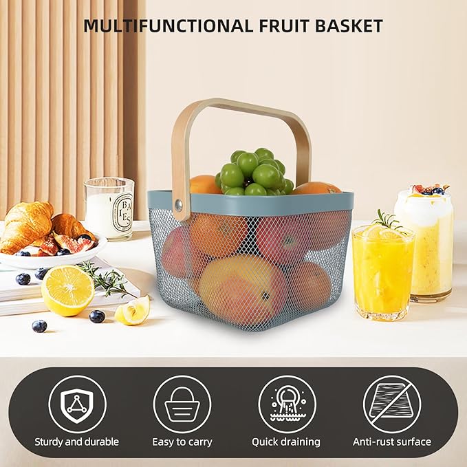 Mesh Steel Garden Harvest Basket with Wood Handle,Hanging Kitchen Baskets Outdoor Basket,Harvest Basket for Garden Vegetables,For Shopping Kitchen Bathroom Home(Blue)