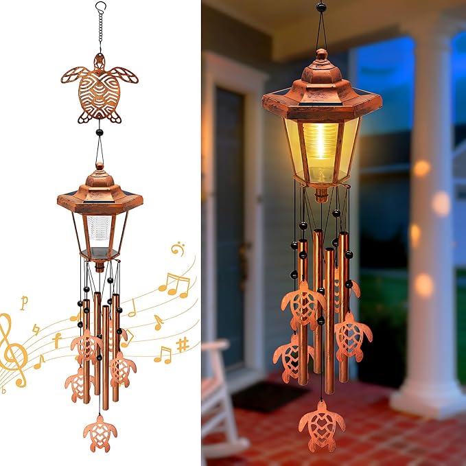 Large Solar Turtle Wind Chimes with Wind Catcher/Solar Decor Light to Create a Zen Atmosphere Suitable for Outdoor, Garden, Patio Decor Classic Bronze Wind Chimes as A Unique/Memorial Gift for Unisex