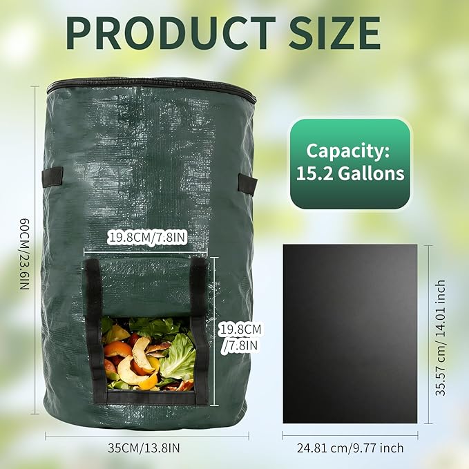 Compost Bin Bags, Outdoor Reusable Yard Waste Lawn Bags, Heavy Duty Garden Composting Garbage, Outdoor Container with Zipper Lid and Handles for Loading Leaf Trash, Green