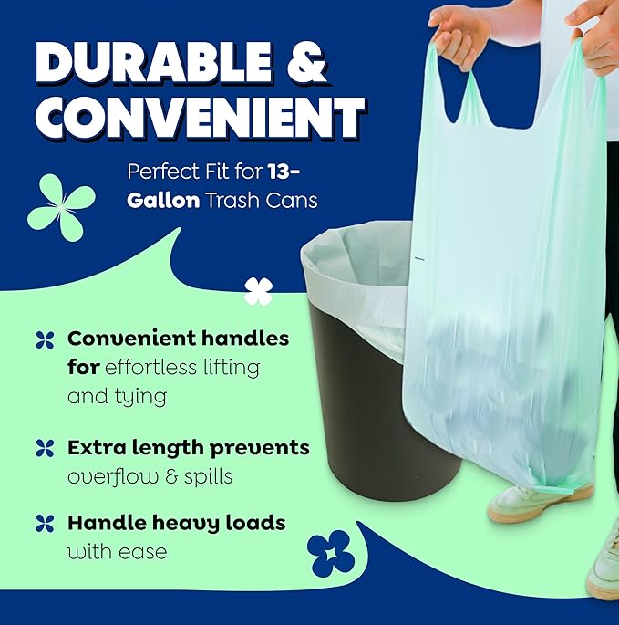 BPI 100% Home Compostable Kitchen Trash Bags, 13 Gallon 1.2 Mil Heavy Duty Unscented Plant Based Bags w/Handles, Tall Biodegradable Garbage, Compost & Food Scrap Waste Can Liners, 35 Ct