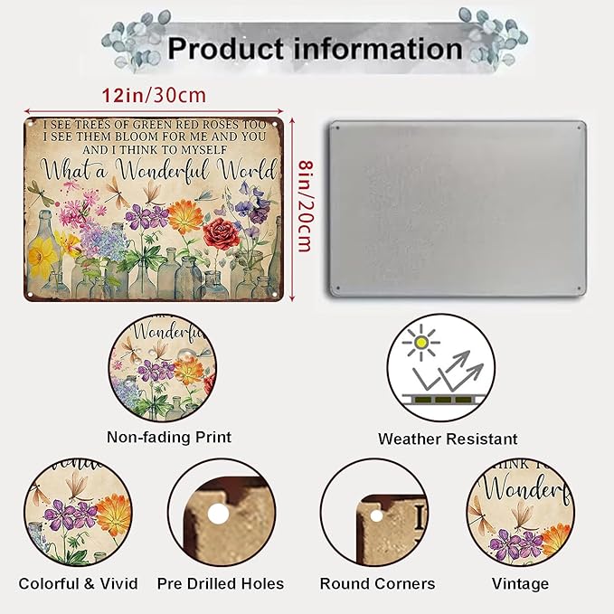 Gardening Sign What A Wonderful World Vintage Flower Tin Plate Sign for Outdoor Garden Greenhouse Yard 8x12 Inch