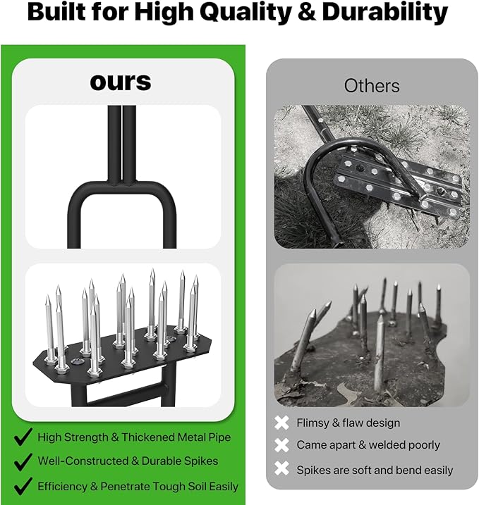 Lawn Aerator Spike Aeration Tool, Manual Air Aerator Tool for Lawn with Iron 18 Spikes, 38.8 Inch Hand Aerator for Grass, Yard, Heavy Duty Lawn Aerating Tool with Double-Pipe Handle, T-Grip, Black
