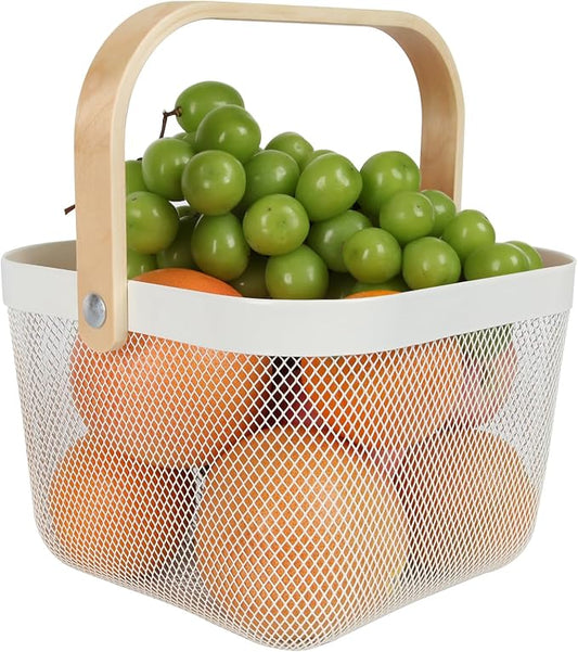 Mesh Steel Harvest Basket with Wood Handle,Hanging Kitchen Baskets Outdoor Basket,Harvest Basket for Garden Vegetables,For Shopping Garden Kitchen Bathroom Home(White)