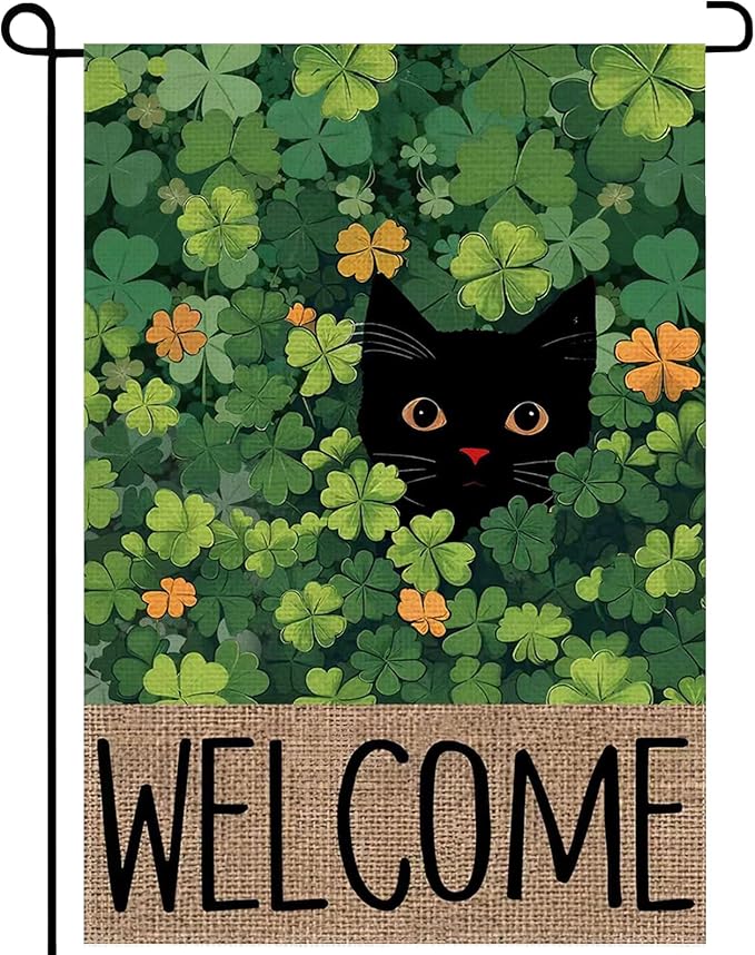 St Patricks cat Garden Flag 12x18 Inch Double Sided Outside Black Cat Welcome Spring Holiday Shamrocks Holiday Yard Outdoor Flag Home Decor